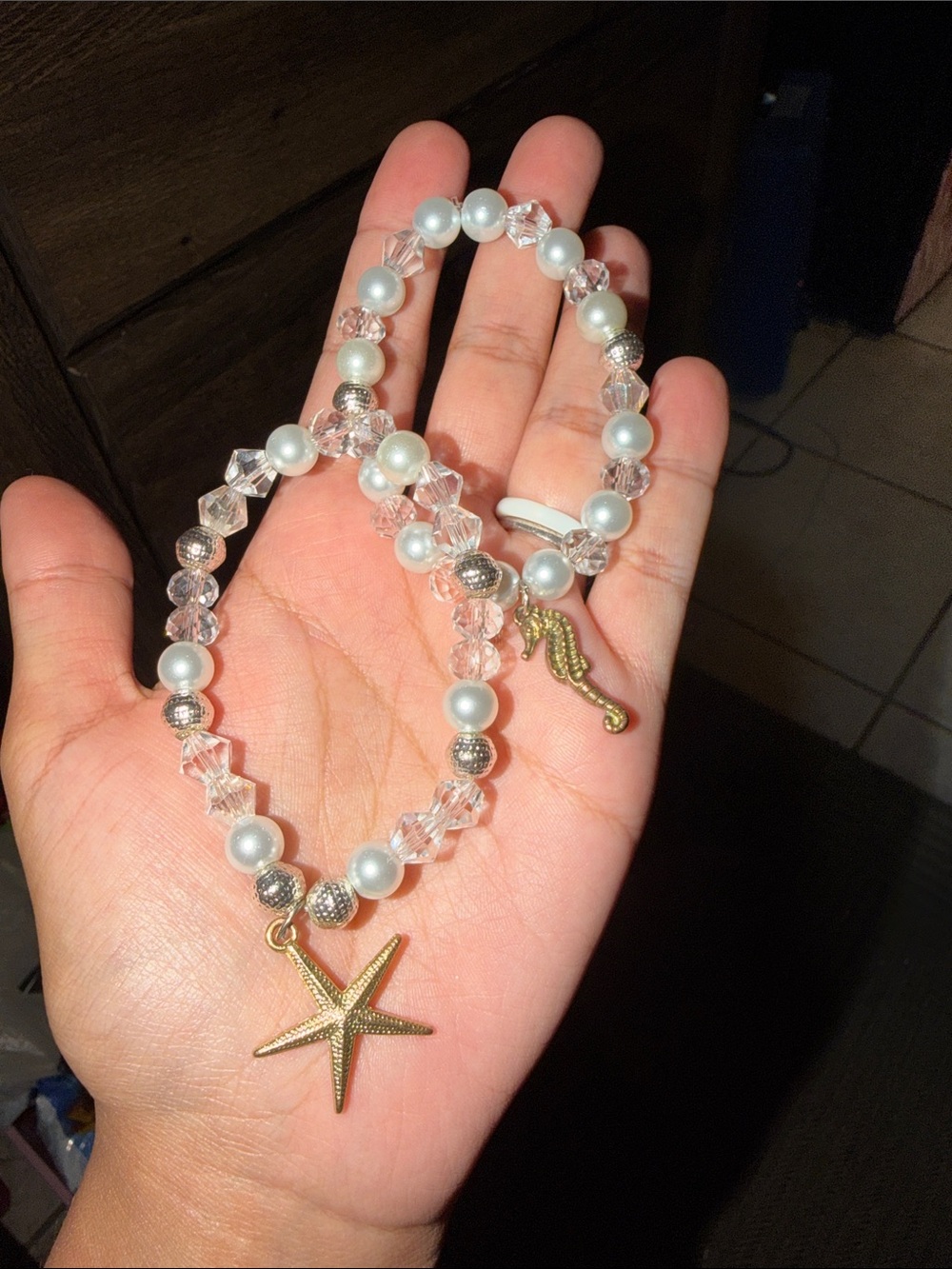 Gold Star & Seahorse Charm Pearl and white Crystal Bracelet Set